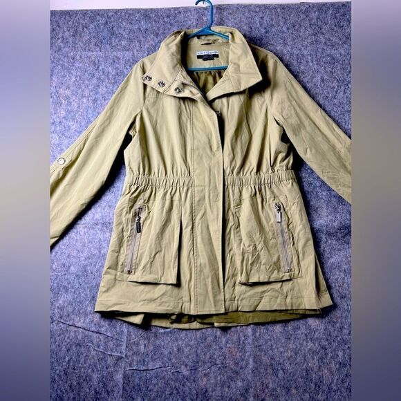 Nikki Jones Women’s Green Raincoat Jacket L Hooded Lightweight Zip Pockets - Picture 1 of 9